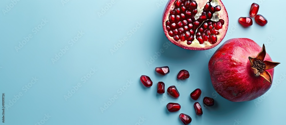 Poster copy space image featuring whole and cut pomegranate fruit on a light blue background in a square la