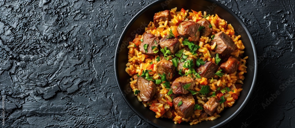 Poster top view of lamb pilaf in a bowl on a stone surface with ample copy space image