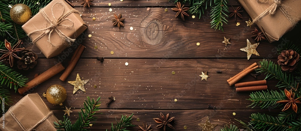 Poster rustic wooden background with a christmas arrangement featuring spruce gifts cinnamon anise and conf