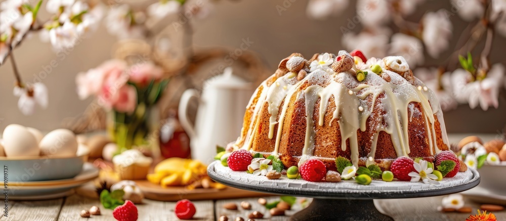Poster festive homemade easter kulich cake displayed on a table featuring a copy space image with a backdro