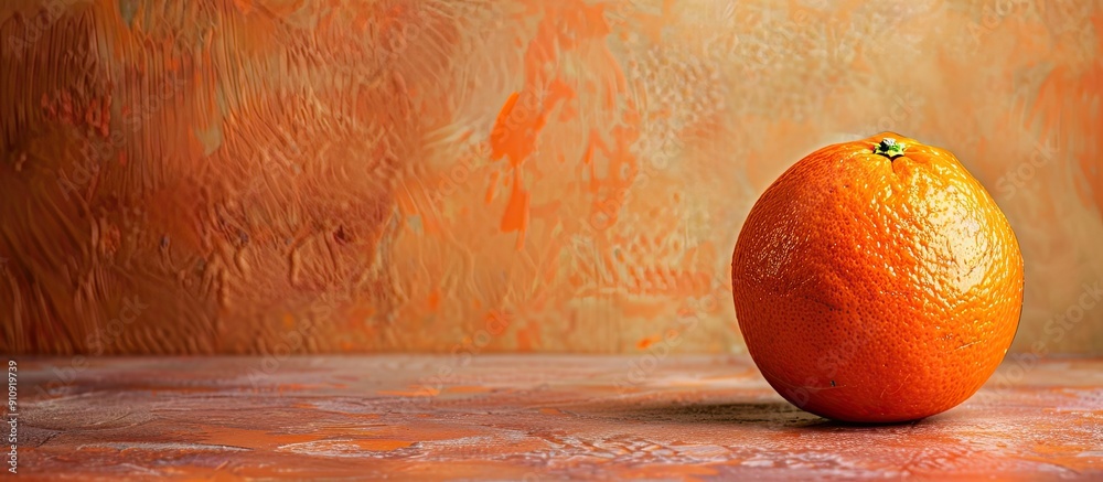 Poster Orange citrus fruit on a stone table with a plain orange background providing ample copy space for an image