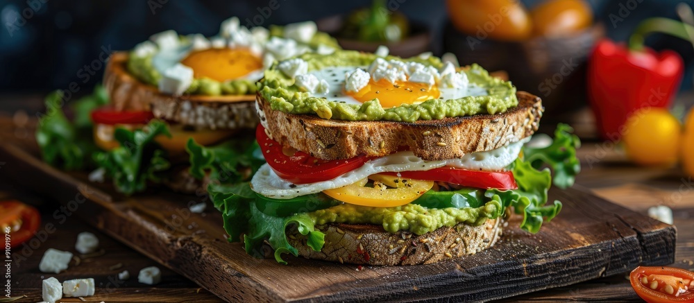 Poster a sandwich with guacamole peppers fried eggs and feta cheese displayed in a copy space image