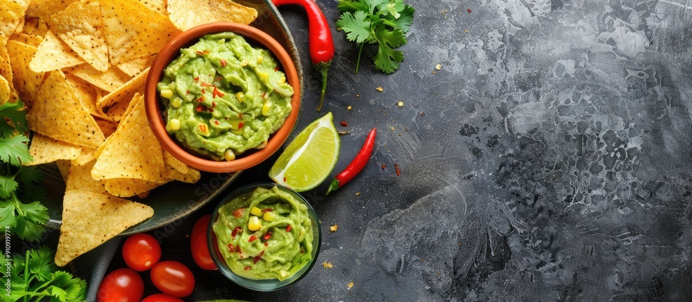Poster top view copy space image of guacamole corn chips nachos sauce and fresh veggies on a gray backgroun