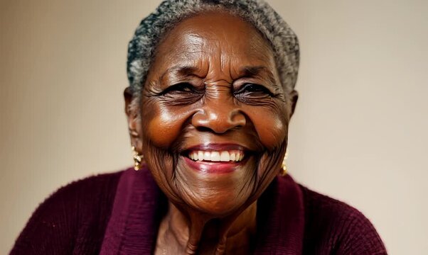 Close-up portrait video of a pleased 100-year-old elderly Nigerian woman wearing a chic cardigan against a minimalist or empty room background 