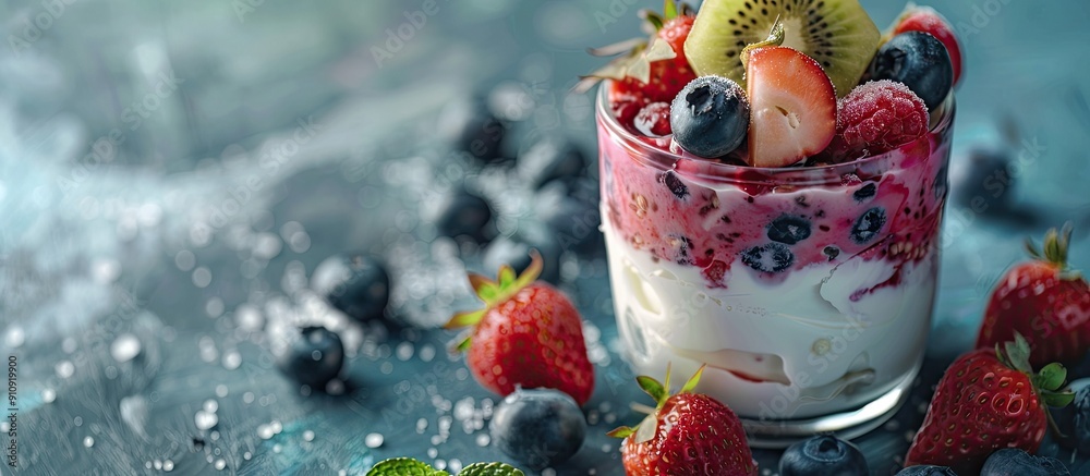 Poster Enjoy a nutritious breakfast featuring strawberry yogurt topped with blueberries kiwi slices and sugar glass set against a background of copy space image
