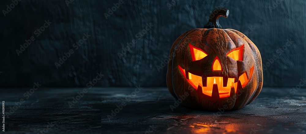 Poster A Halloween themed carved pumpkin set against a dark backdrop with space for text or graphics specifically a copy space image