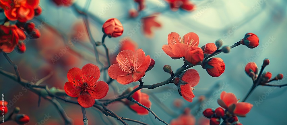 Aufkleber vivid red japanese quince flowers set against the backdrop of the sky on a flowering shrub the image