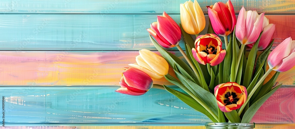 Poster Top down view of a vase with lovely tulips displayed on a colorful wooden table with copy space image