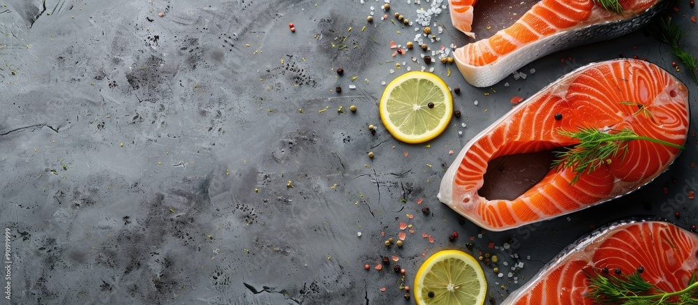Aufkleber top view of fresh raw salmon steaks with lemon and dill on a gray background perfect for cooking wit