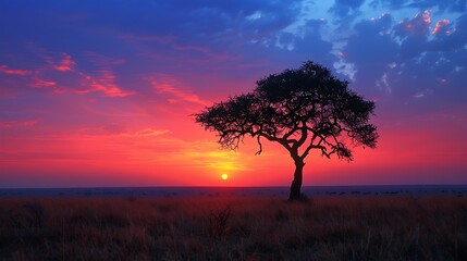 Fototapeta premium A tranquil safari moment in Serengeti National Park, Tanzania, with a lone traveler observing the Great Migration, acacia trees silhouetted against a vibrant sunset, and wildlife all around. DSLR,