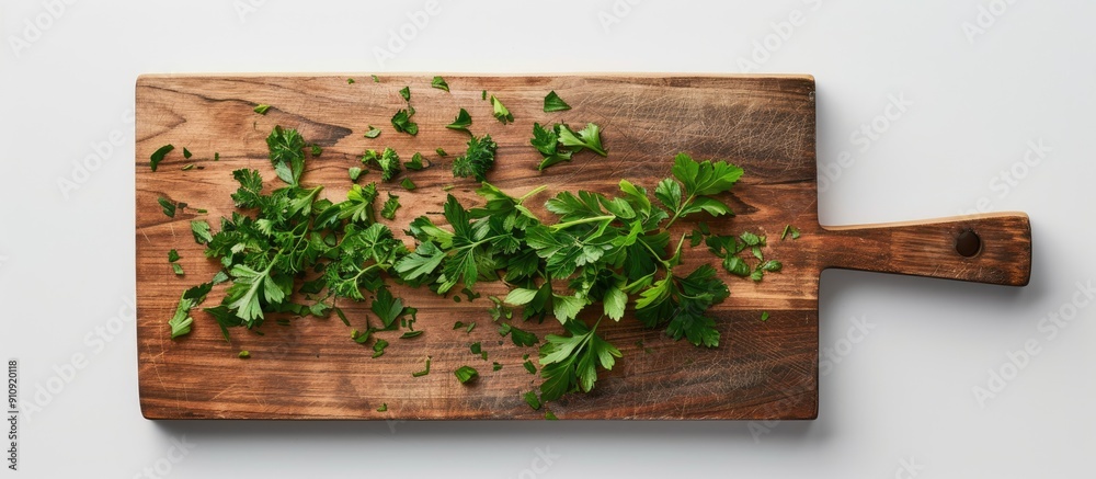 Poster Rectangular cutting board adorned with parsley leaves on a white background featuring copy space image