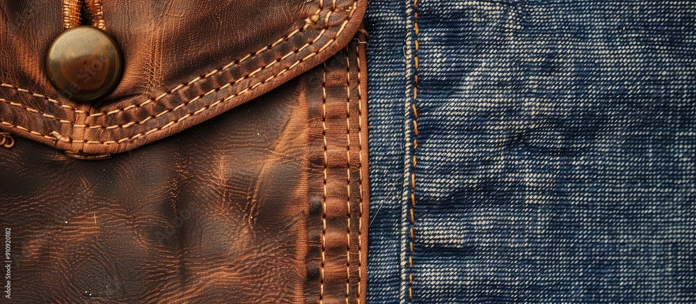 Canvas Prints Copy space image on a label of brown leather with a textural appearance against a background of blue denim jeans