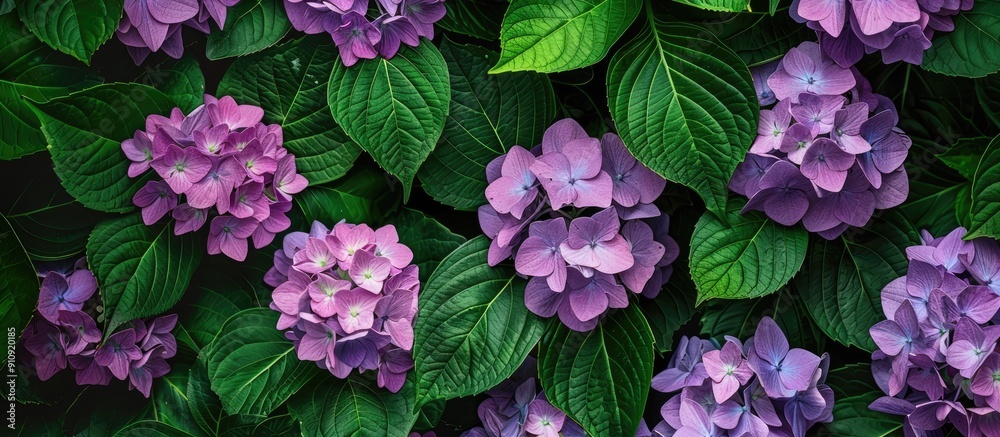 Poster purple hydrangea flowers against a backdrop of green leaves in a panoramic picture with room for tex