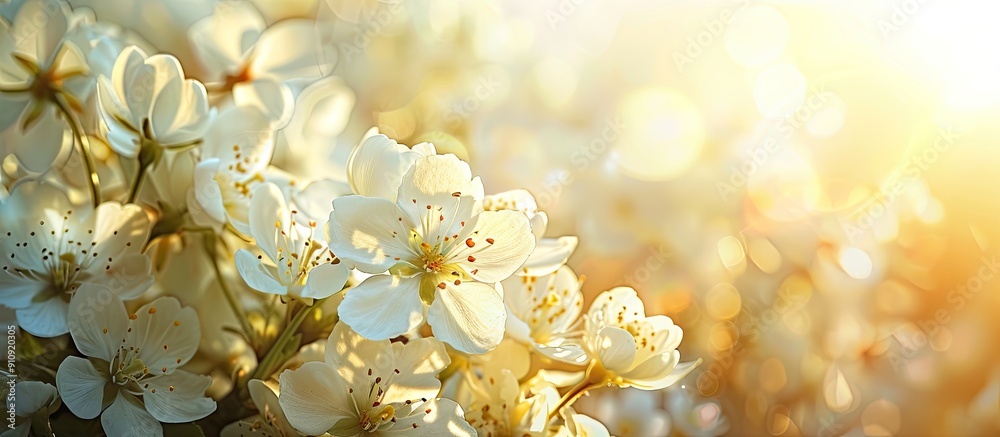 Leinwandbilder Spring white flowers bathed in warm sunlight against a backdrop of an empty space for text or visuals known as a copy space image
