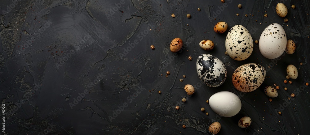 Poster Elegant chicken and quail eggs with decorative elements on a black backdrop ideal for a copy space image