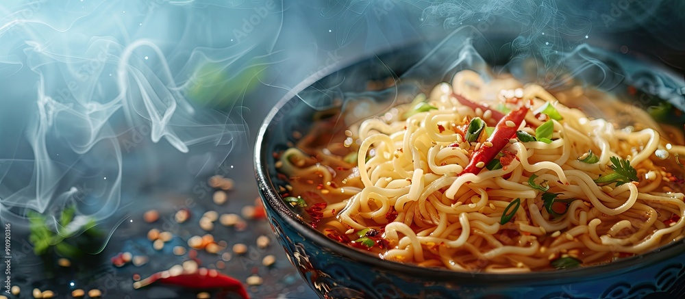 Poster traditional asian noodles floating in savory broth with copy space image for presentation