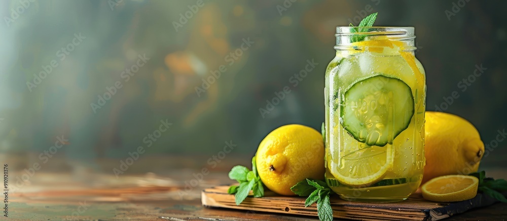 Aufkleber Glass jar on wooden surface with lemonade garnished with lemon and cucumber all against a background suitable for adding text or copy space image