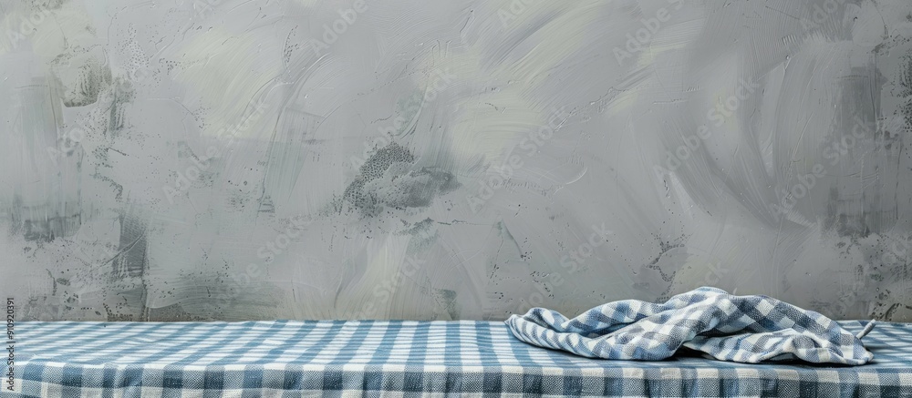 Fototapete light gray textured table with a blue checkered tablecloth featuring copy space image