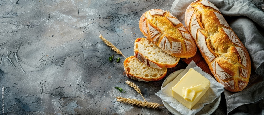 Poster freshly baked cheese bread accompanied by butter displayed in a copy space image