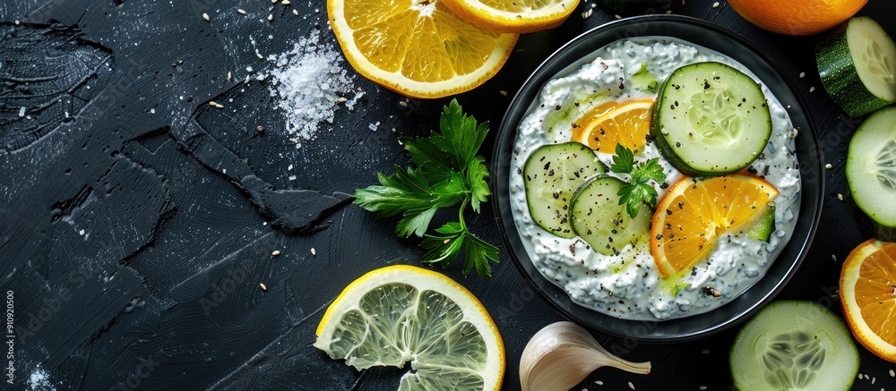 Poster top view of a greek yogurt dip with cucumber slices oranges and garlic all beautifully presented on 