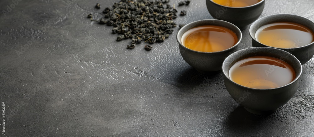 Poster Grey table with a serving of brewed Tie Guan Yin Oolong tea perfect for adding text in the copy space image
