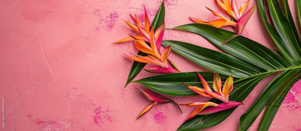 Poster a vibrant flat lay design featuring heliconia flowers and leaves on a pink vintage backdrop ideal fo