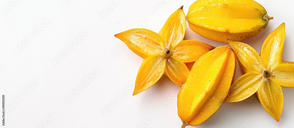 Aufkleber isolated white background displays a ripe starfruit or carambola in a close up image with copy space