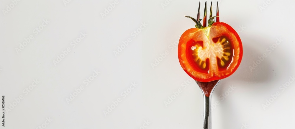 Aufkleber fork holding a sliced tomato against a white backdrop with copy space image