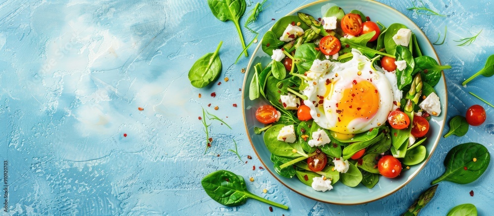 Poster Top view of vegan warm asparagus salad with spinach cherry tomatoes feta cheese and a poached egg on a light blue background with space for text or images. Creative banner. Copyspace image