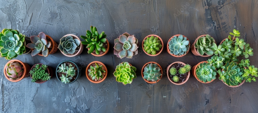 Aufkleber various house plants like haworthia and echeveria arranged in pots on a grey tabletop in a flat lay 