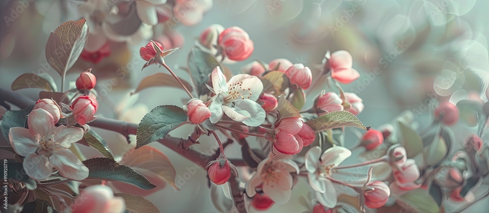 Poster a serene setting showcasing blossoming paradise apples against a muted backdrop perfect for a copy s