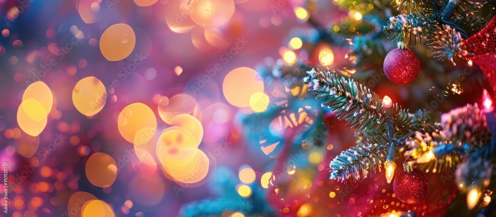 Poster festive christmas decorations on a tree adorned with twinkling christmas lights complemented by a co