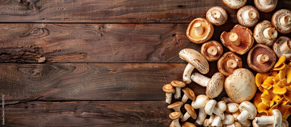 Fototapete various types of edible mushrooms displayed on a wooden table with copy space image