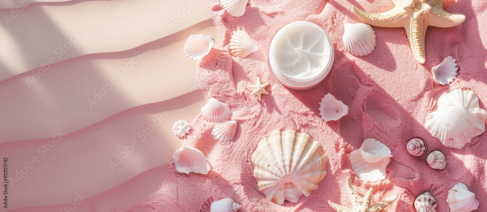 Poster flat lay with suntan cream seashells and a marble pebble sun on a pink backdrop providing ample copy