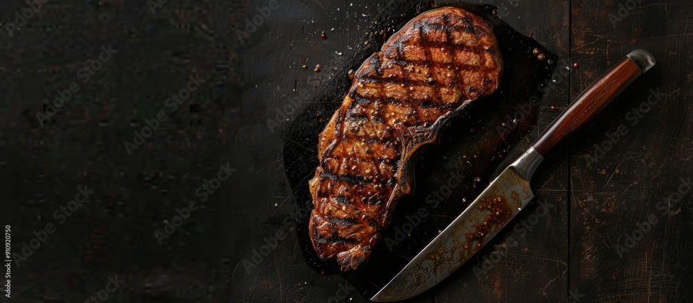 Poster a top view of a grilled sirloin steak on a cleaver with a black background provides ample copy space
