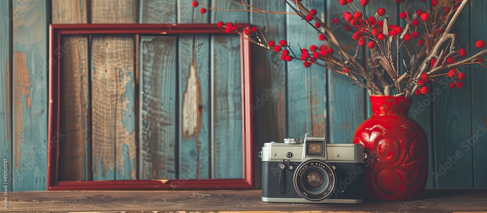 Aufkleber a vintage camera an elegant frame and a red vase with dried flowers on wooden boards create a charmi