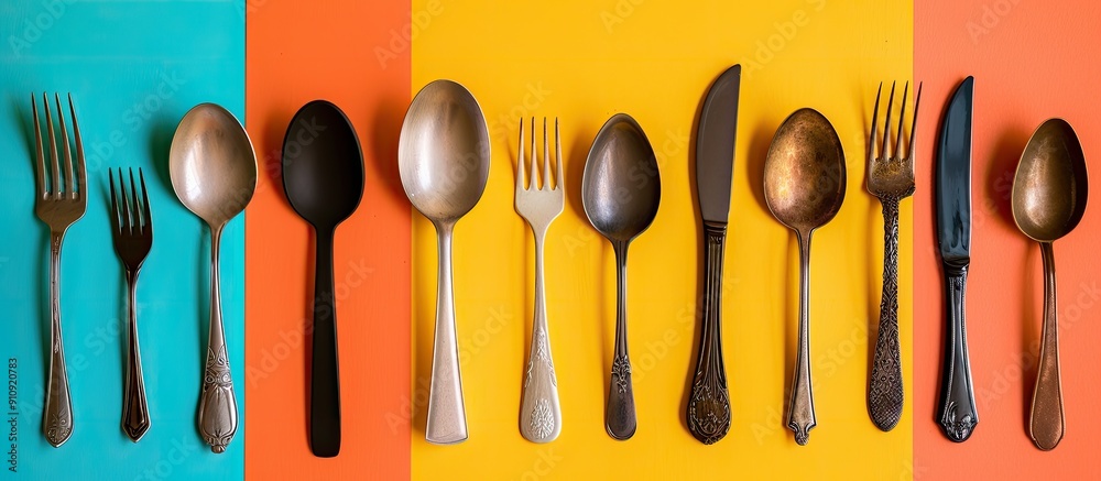 Poster Various types of cutlery arranged on a colorful background with room for a caption in a copy space image