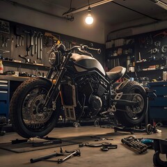 Create a detailed view of a heavy bike resting in a well-equipped garage. Tools and bike parts are...