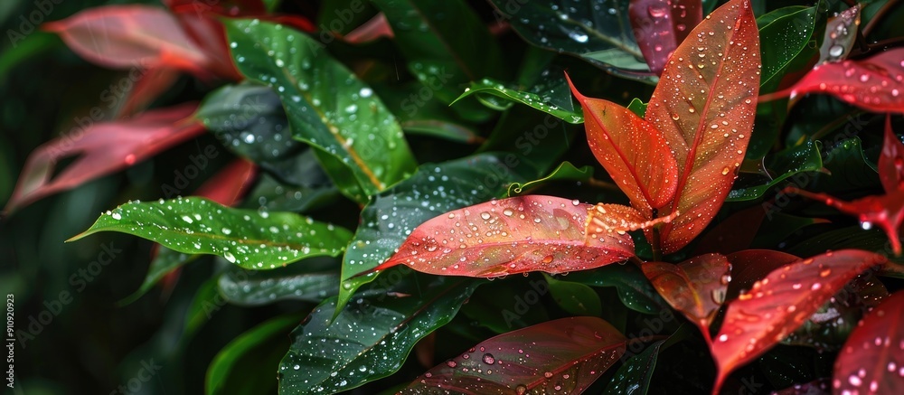 Leinwandbilder In a lush forest setting there are tropical leaves in vibrant red and green hues capturing a serene moment with a dewdrop ideal for a copy space image