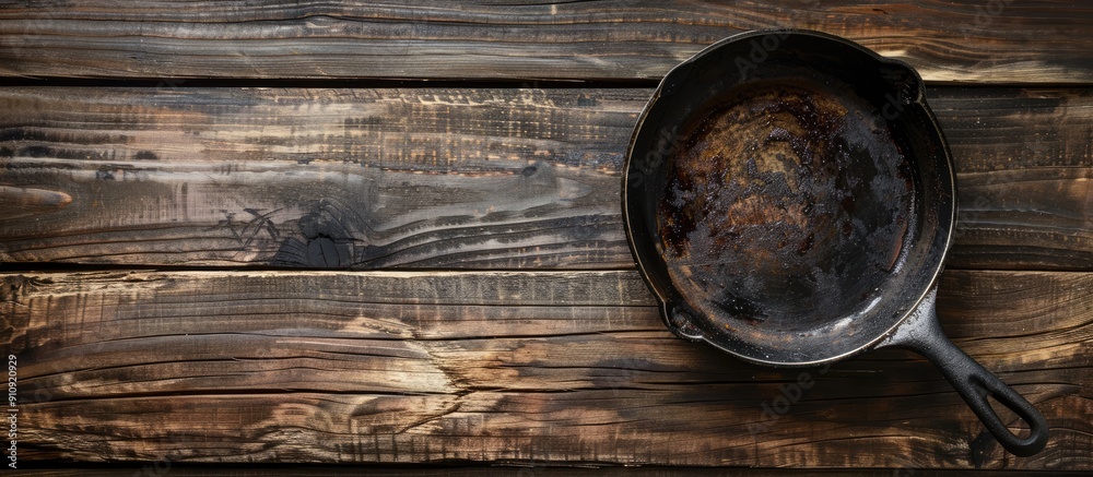 Fototapete overhead view of a frying pan on a wooden table with copy space image