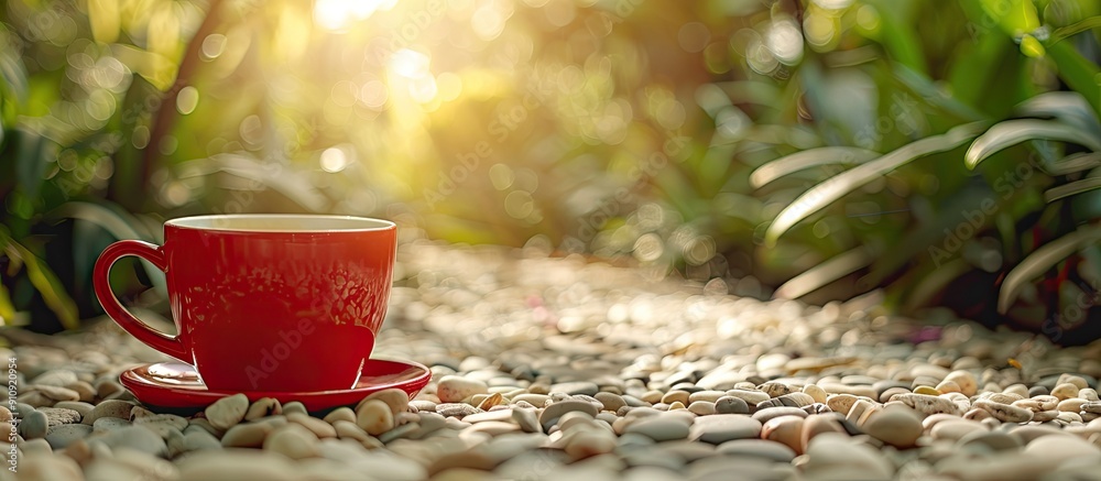 Aufkleber A red cup filled with coffee sits on a pebbled floor in a garden with a blurred background and empty copy space image available
