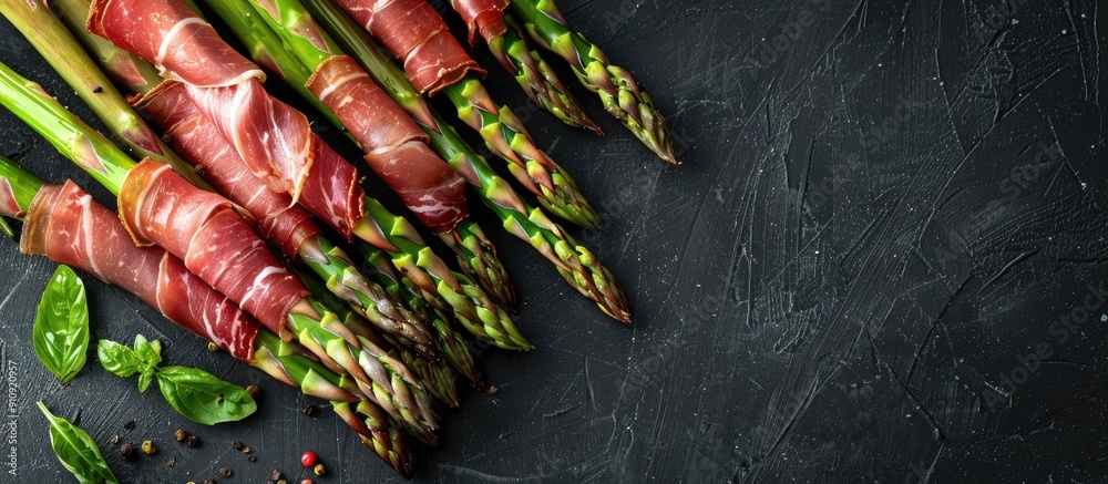 Poster A top down view of prosciutto wrapped asparagus with a dark backdrop and plenty of space for text or images in the frame. Creative banner. Copyspace image