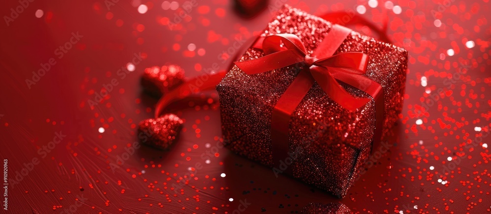 Poster red glittery gift box with a ribbon and small hearts from a top down perspective ideal for a love th