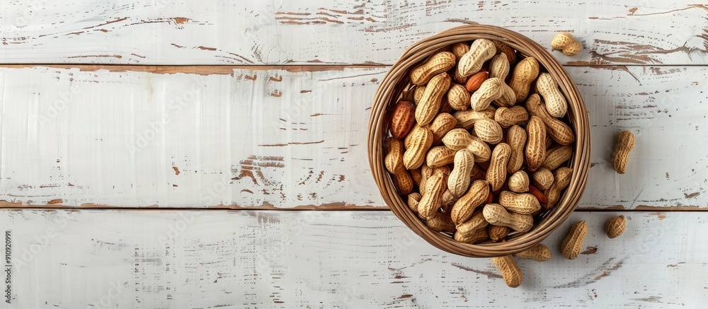 Aufkleber fresh peanuts in a basket on a white wooden table viewed from the top with copy space image