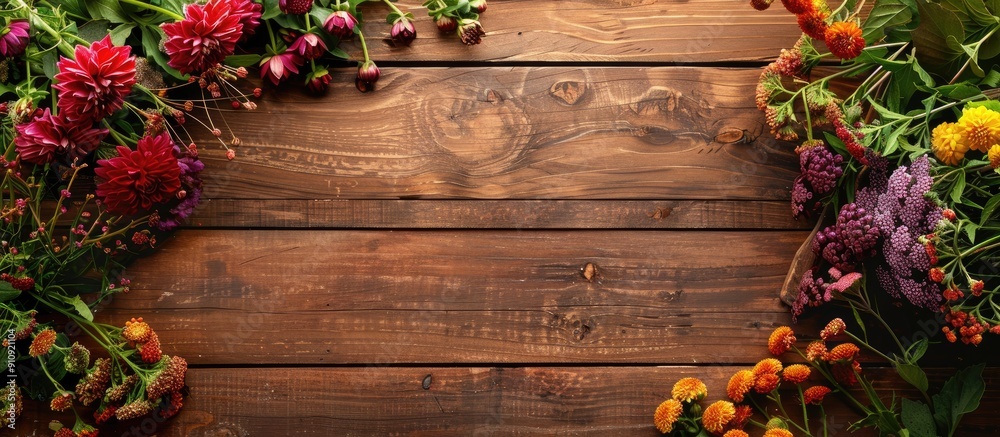 Poster top view of garden flowers on wooden board in autumn setting with copy space image