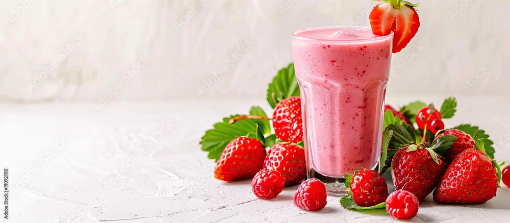Poster a summer beverage with strawberry milkshake or smoothie in a glass alongside fresh berries on a whit