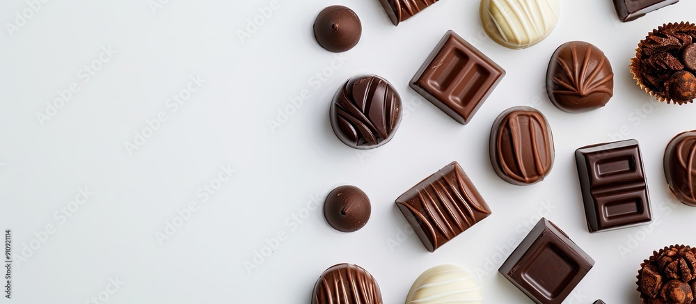 Aufkleber Various tasty chocolate candies arranged on a blank white surface for text placement in a flat lay copy space image