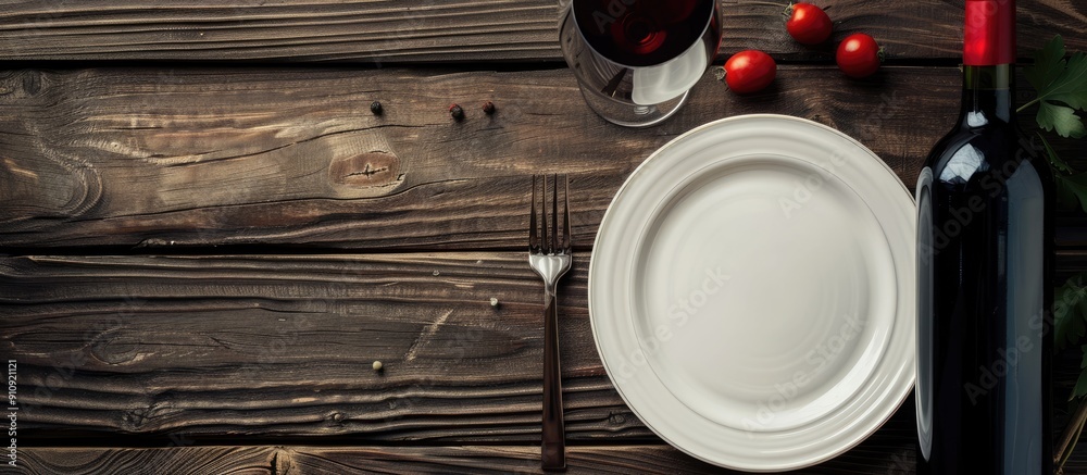 Fototapete a top down view of a table arrangement showing an empty plate wine glass and a red wine bottle on a 