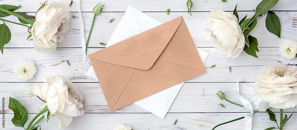Aufkleber a simple card mockup featuring white eustoma flowers on a workspace with wedding invitation cards cr