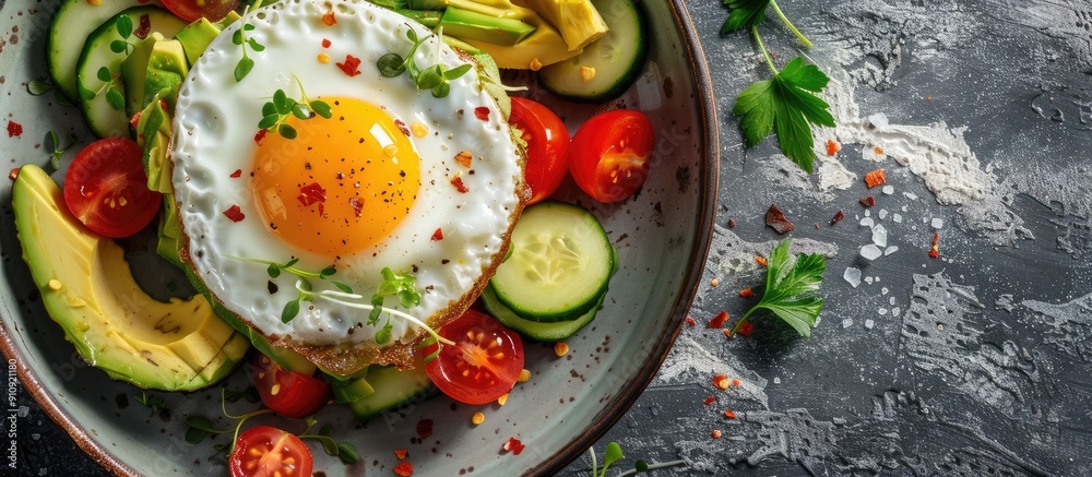 Poster a plate with a delectable egg baked in avocado accompanied by fresh vegetables presented on a table 